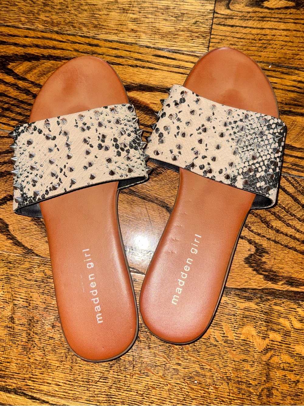 Madden Girl Brown Slide Sandals with Black-and-White Snake Print Strap